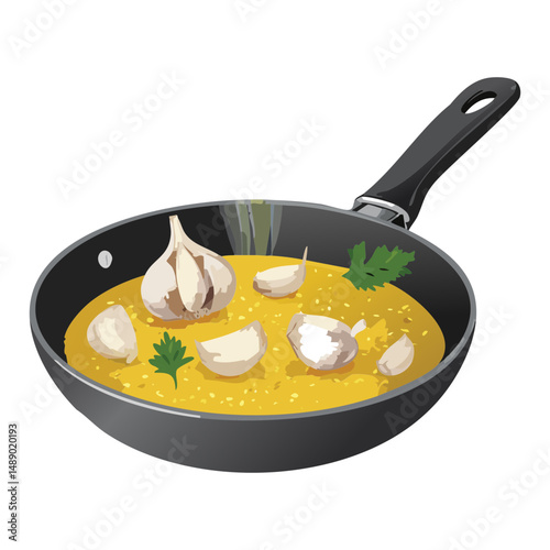 Pan with Garlic and Fresh Parsley - Vector illustration