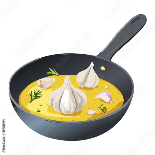 Garlic and Spices Cooking in Oil- Vector Illustration