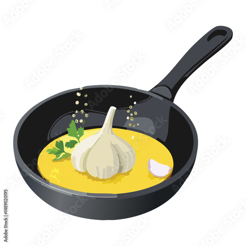 Garlic in Pan with Seasoning - Vector Illustration