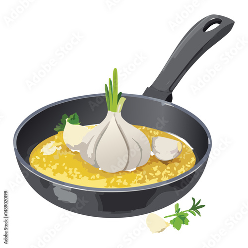 Cooking Garlic in Frying Pan - Vector Illustration