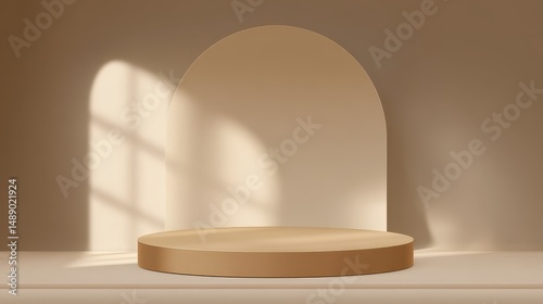 Minimalistic display pedestal with soft shadows in beige tones featuring an arch background for product showcasing or artistic presentation