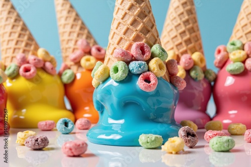 Playful row of ice cream cones with vibrantly colored yellow, orange, blue, and pink melting ice cream, generously topped with fun, colorful looped breakfast cereal. Whimsical summer treat