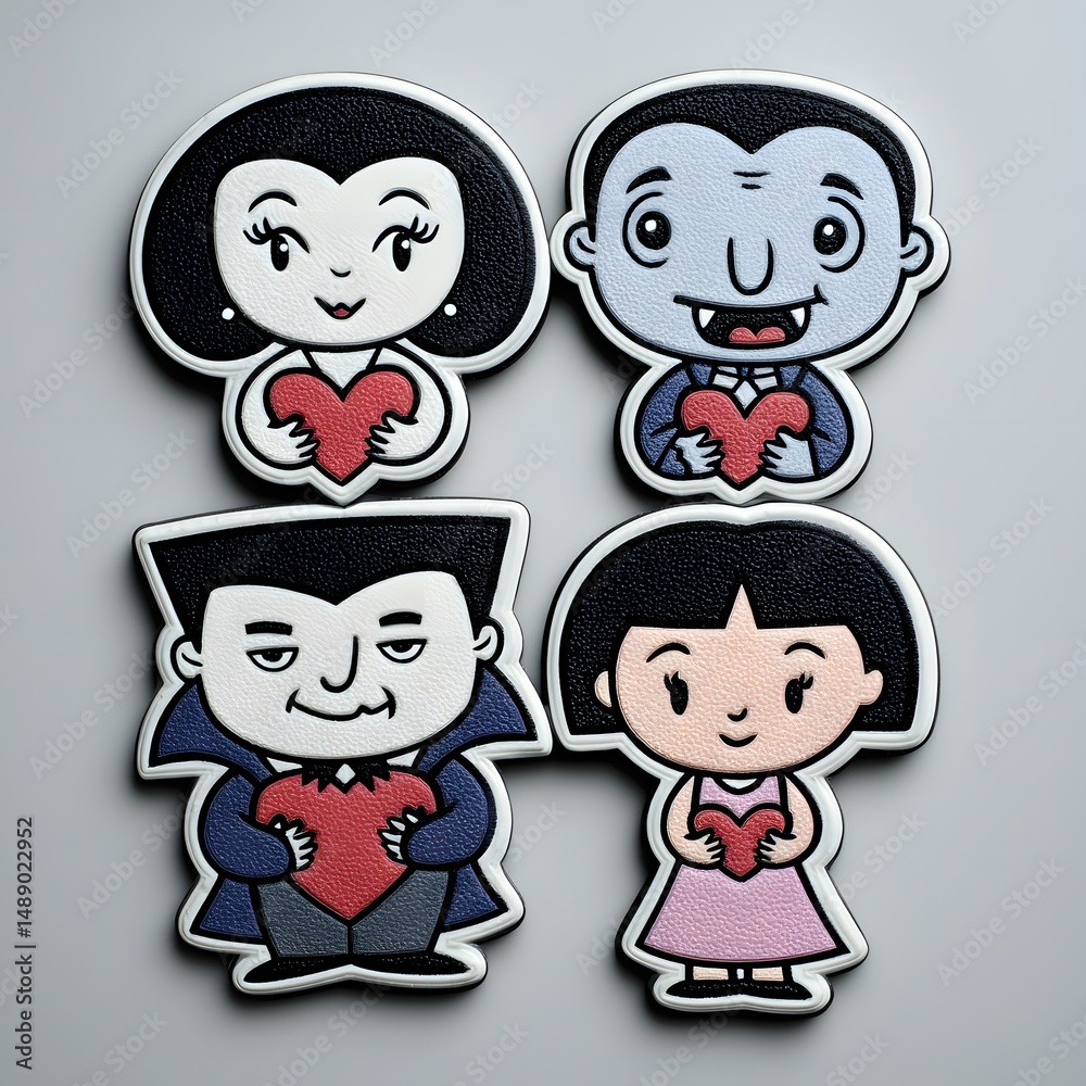 Vampires with Hearts: A playful and whimsical depiction of four cartoon vampires, each holding a heart, conveys a sense of fun, love, and the whimsical nature of holiday. Vampires with Hearts: A playful and whimsical depiction of four cartoon vampires, each holding a heart, conveys a sense of fun, love, and the whimsical nature of holiday.