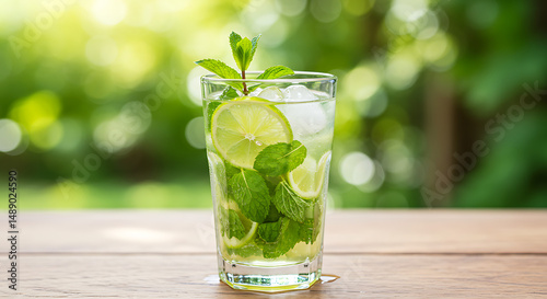 Refreshing beverage with sliced limes and mint leaves, served with ice in a clear glass on a wooden surface, set against a vibrant green bokeh background. A cool and invigorating drink.