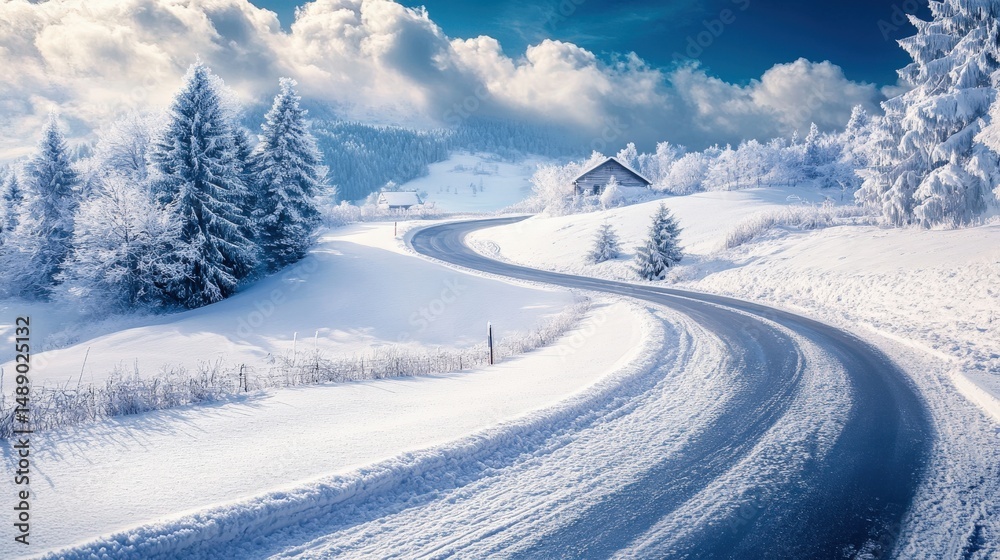 Obraz premium Snowy winter landscape with winding road and cozy house.