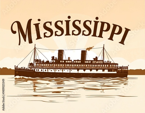 Vintage mississippi riverboat illustration on calm waters at sunset
