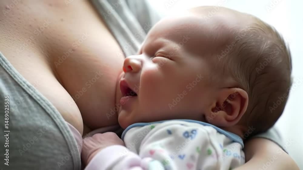 Gentle close-up on infant suckling for nourishment and bonding with mother