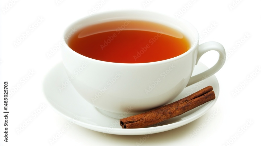 Cup of amber liquid on saucer with cinnamon stick, isolated on a white surface Cup of amber liquid on saucer with cinnamon stick, isolated on a white surface