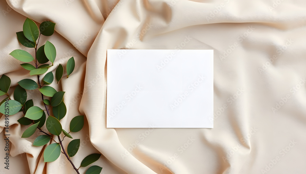 Fototapeta premium Blank paper sheet card with mockup copy space on neutral beige linen blanket. Minimal aesthetic business brand template. Flat lay, top view, craft clay. White tone