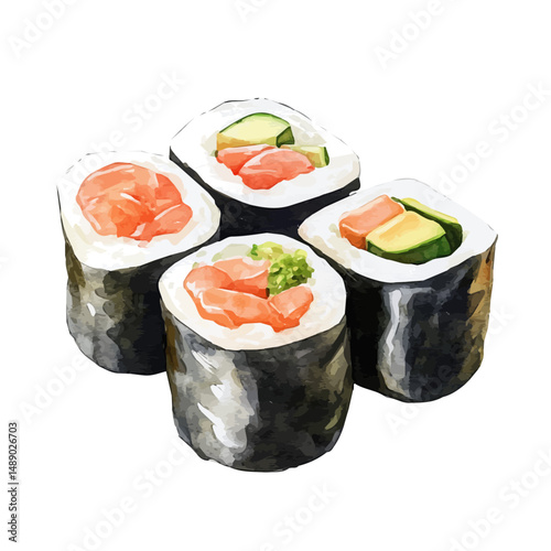 Sushi Nigiri With Wasabi And Pickled Ginger, watercolor drawing vector, high quality, isolated on a white background.