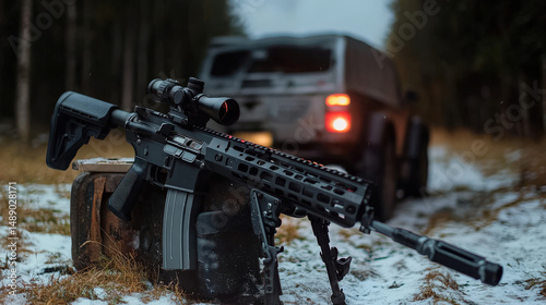 Modern sporting rifle resting on bipod in snowy forest with pickup truck