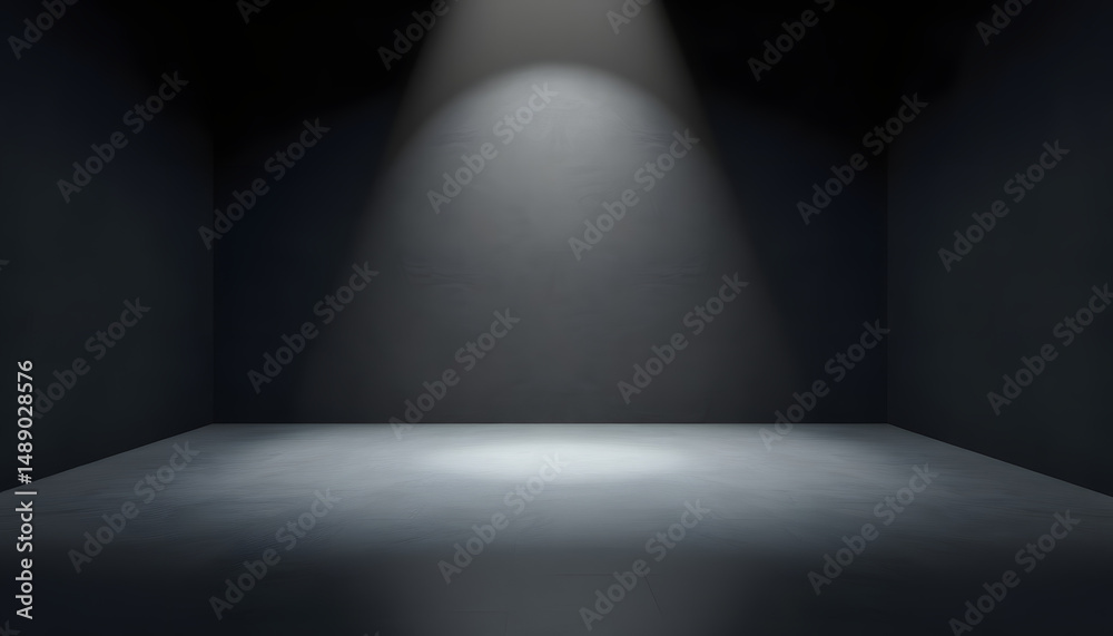 Obraz premium Abstract empty spacious place for presentation with dark wall and floor and spot light from above, isometry. White tone