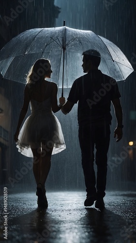 Couple walks together under an umbrella in the rain at night.