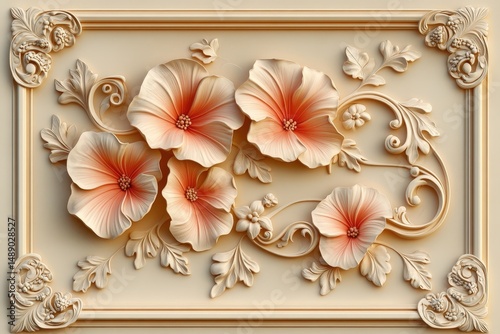 Ornate floral bas-relief design on light beige background.