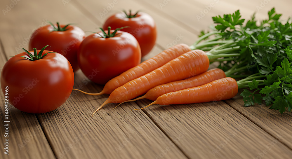 Fresh Garden Produce: An inviting close-up showcases vibrant tomatoes, carrots, and fresh parsley, perfectly arranged on a rustic wooden table, evoking a sense of freshness and natural goodness. Fresh Garden Produce: An inviting close-up showcases vibrant tomatoes, carrots, and fresh parsley, perfectly arranged on a rustic wooden table, evoking a sense of freshness and natural goodness.