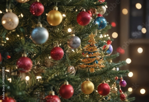 Close-up, glittering Christmas tree, colorful ornaments, blurred fairy lights ,  close-up,  decoration