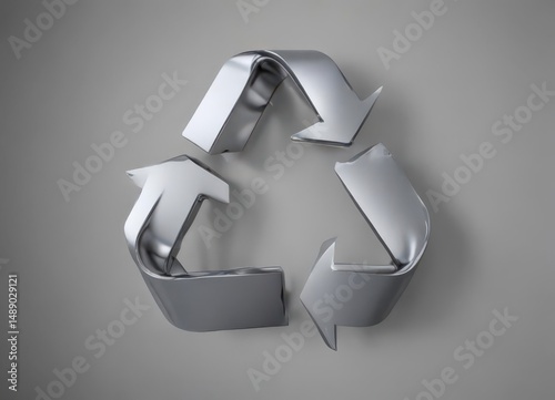 Close-up of a single recycling symbol, metallic texture,  silver,  environmental