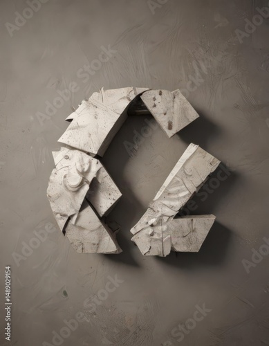 Close-up of a single recycling symbol on a textured surface , sign, material