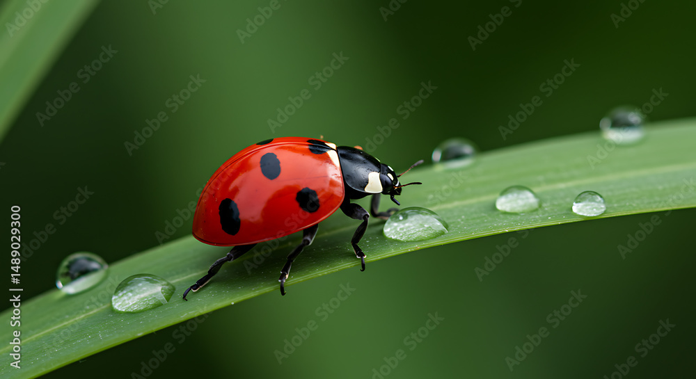 Fototapeta premium Ladybug's Dewdrop Dance: A vibrant ladybug, its glossy shell a striking red with black spots, delicately navigates a blade of grass adorned with glistening dewdrops.