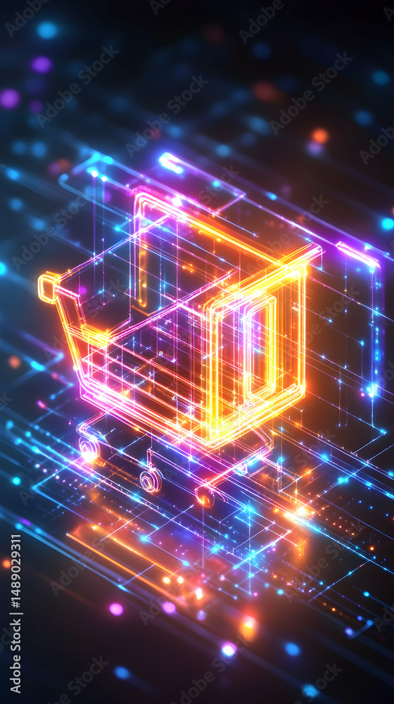 Obraz premium Glowing neon shopping cart digitally rendered within a vibrant, abstract technological backdrop