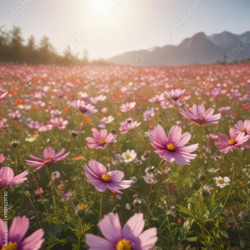 Cosmos flowers in a sunlit field, petals softly illuminated ,  light, cosmos