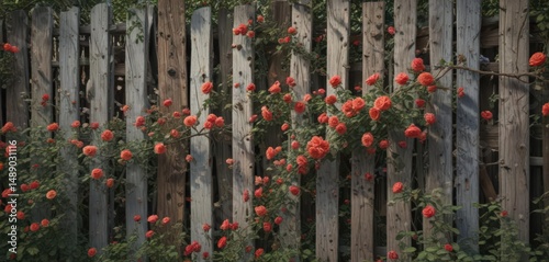 Decaying fence, vibrant climbing roses, aged wood, floral detail, summer, garden