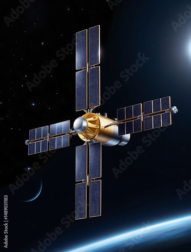 Highly detailed illustration of an artificial satellite equipped with solar panels orbiting Earth in outer space, capturing the concept of advanced space communication and technology


