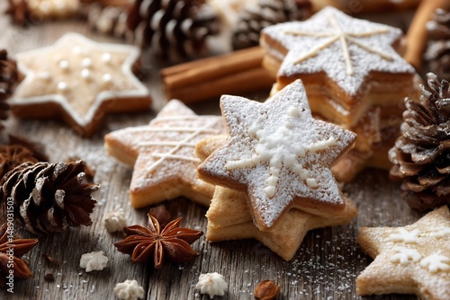 Christmas cookies star shapes with sugar dusting warm holiday dessert theme