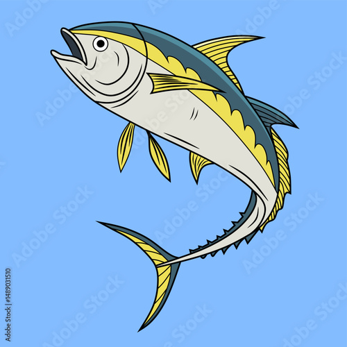 Tuna fishing logo vector illustration. Tuna fishing emblem isolated. Ocean fish logo. Saltwater fishing theme.