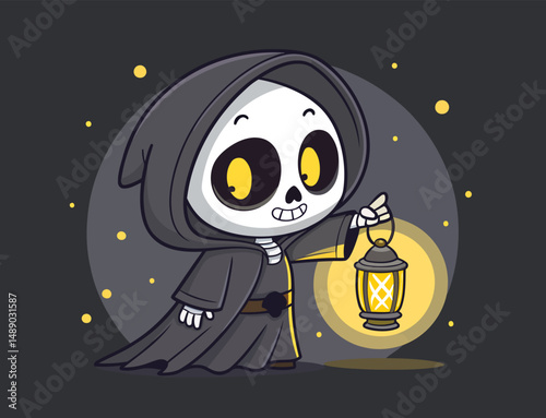 Cute cartoon skeleton in hooded robe holding glowing lantern in dark night scene with yellow sparkles