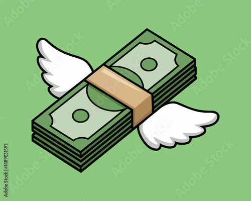 Funny money with wings cartoon concept showing vanishing savings, budget issues, or debt metaphor