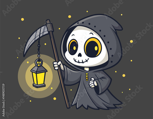 Cute Halloween reaper character with hooded robe, smiling face, and cartoon scythe, surrounded by stars