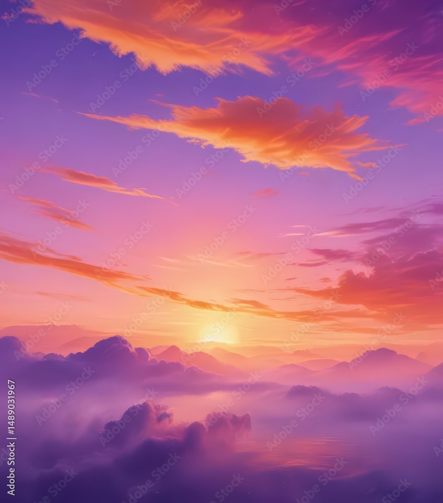 Fototapeta premium Dreamy sunset sky, abstract watercolor blend of orange and purple hues , purple, mood