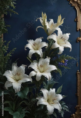 Deep blue velvet backdrop, majestic lilies & acanthus leaves, ornate, interior design, deep