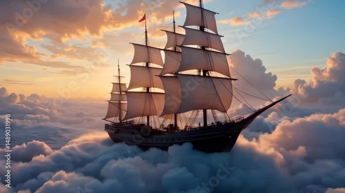 A majestic ship glides across a sea of clouds at sunset