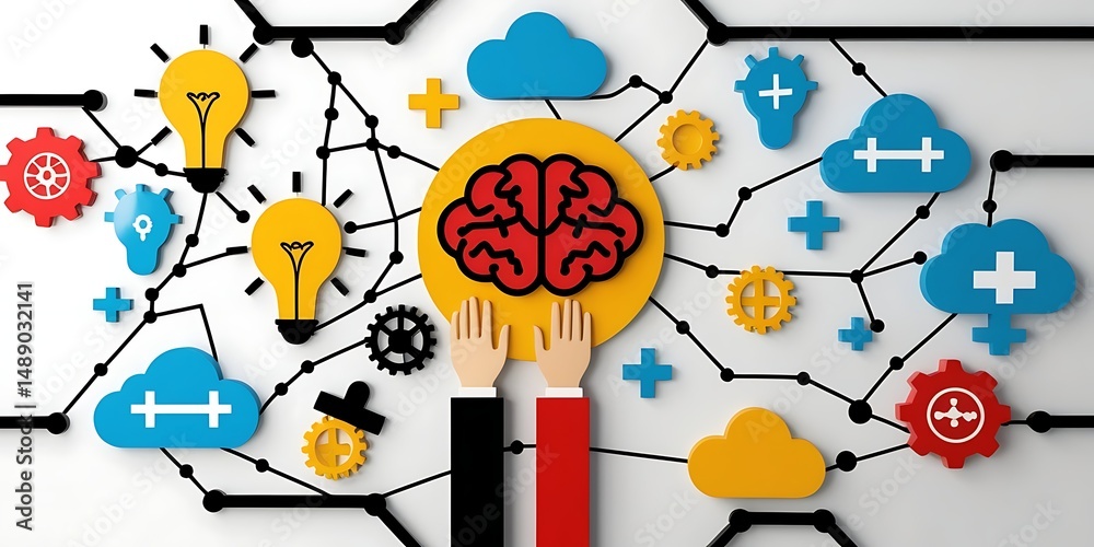 Obraz premium Colorful conceptual illustration of a human brain at the center of a network of ideas, gears, symbols, and raised hands, representing creativity, teamwork, education, and innovation