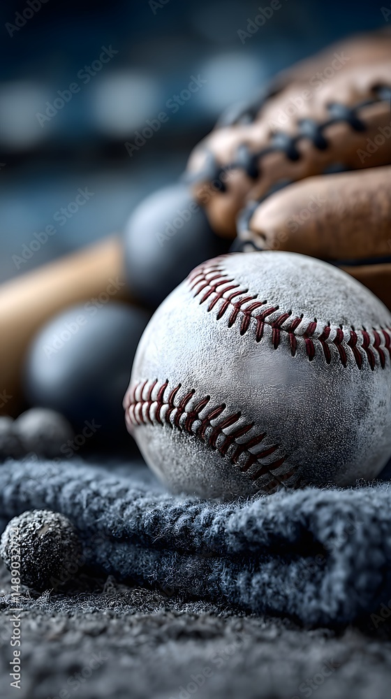 Fototapeta premium Baseball Gear Still Life: A detailed composition showcasing the essential elements of baseball, with a focus on texture and craftsmanship. The arrangement includes a baseball, a weathered glove.