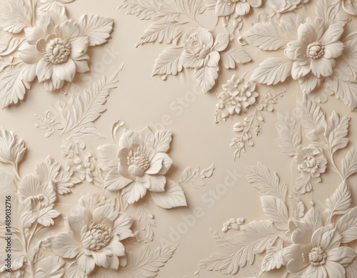 Delicate cream background with embossed floral pattern, elegant design, surface, damask, art