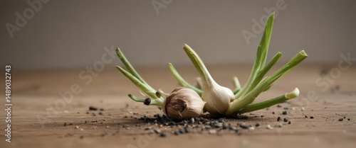 Delicate garlic shoot emerging from clove, sharp focus ,  macro, garlic