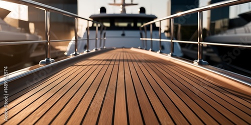 Close-up of luxury yacht deck with polished wooden finish, showcasing elegant craftsmanship, marine engineering, and premium lifestyle in nautical travel and boat design detail

