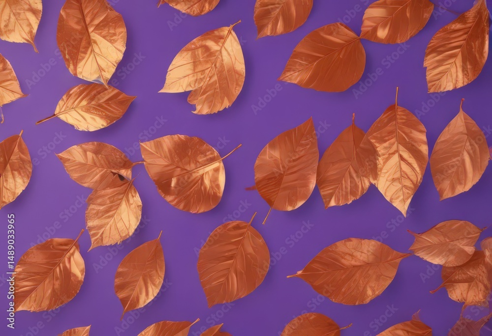 Dry orange metallic leaves, violet backdrop Geometric leaf pattern , surface, macro Dry orange metallic leaves, violet backdrop Geometric leaf pattern , surface, macro