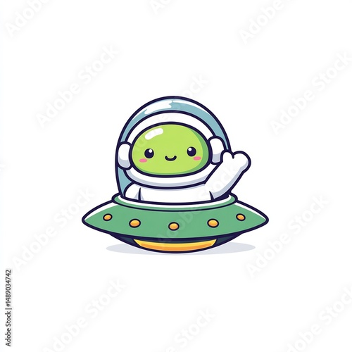 Cute Alien Waving from Flying Saucer