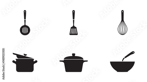 Kitchen utensils icons cooking tools silhouettes