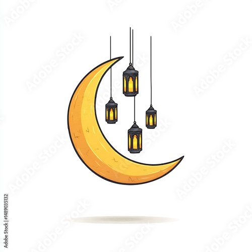 Large golden crescent moon with hanging lanterns, subject on a solid pure white background, Dark Outlined, no shadows, no texture