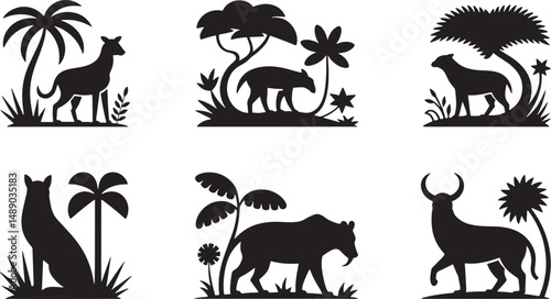 Silhouettes of wild animals in tropical settings