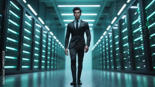 Wallpaper Mural Professional businessman in a sleek suit confidently walking through a high-tech server room. The space is illuminated by glowing green and blue lights, symbolizing innovation and technology. Torontodigital.ca