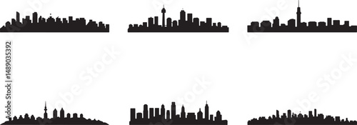Six city skylines black silhouettes vector illustration