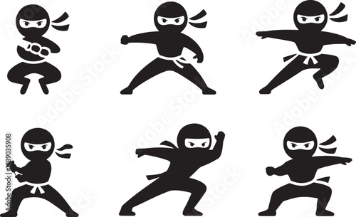 Slika na platnu Six silhouettes of ninjas in action poses