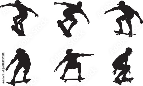 Six silhouettes of skateboarders performing tricks