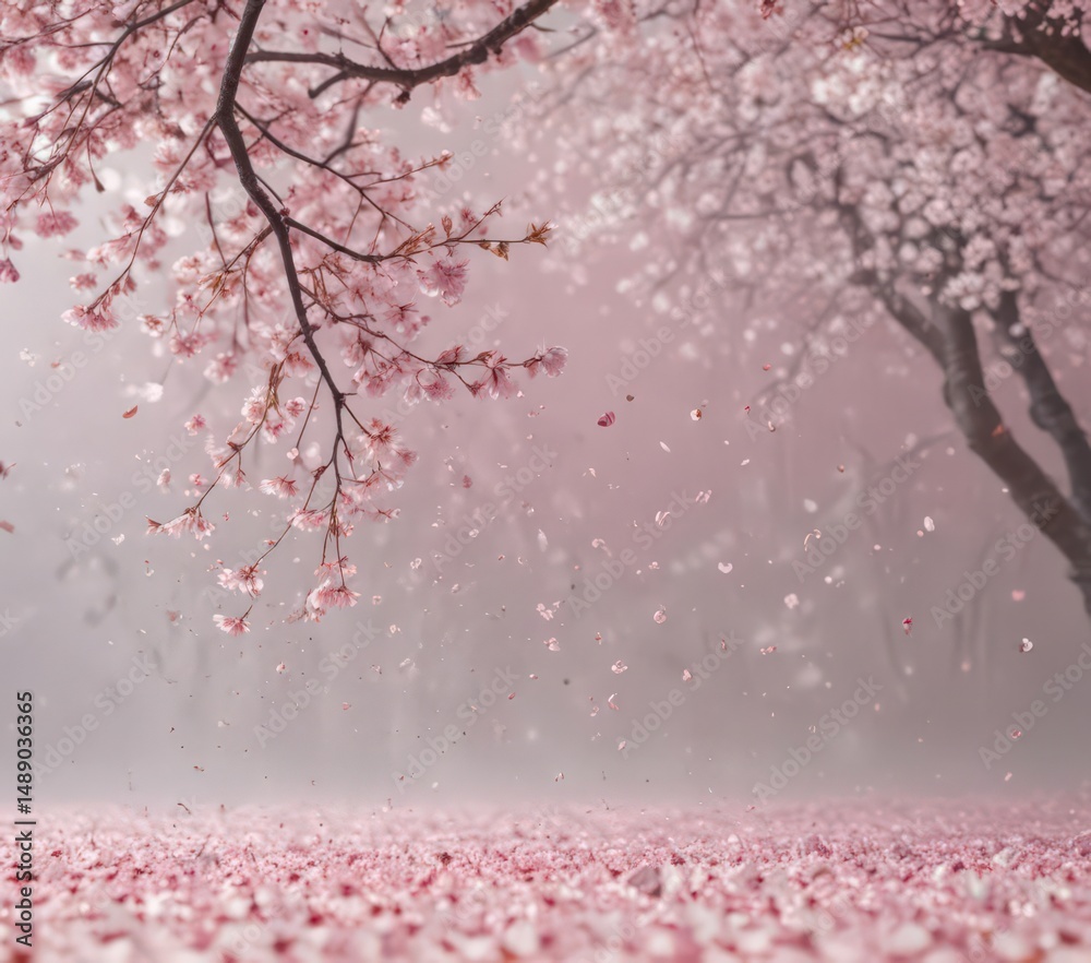 Fototapeta premium Falling sakura petals against a hazy pink and white cherry blossom backdrop , macro, nature photography, spring photography